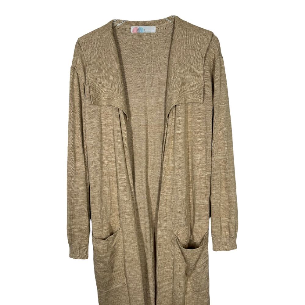 Free People Beach Long Slub Knit Cardigan Sweater Large Tan Boho Casual Belted - Picture 4 of 7